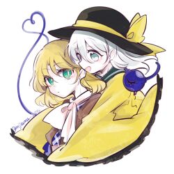  2girls black_hat blonde_hair bow brown_shirt closed_mouth cowboy_shot expressionless frilled_sleeves frills green_eyes grey_hair hat hat_bow heart heart_of_string hug hug_from_behind komeiji_koishi medium_hair mizuhashi_parsee multiple_girls open_mouth pointy_ears scarf shirt short_hair simple_background sleeves_past_fingers sleeves_past_wrists tama_(hiroshige_36) third_eye touhou white_background white_scarf wide_sleeves yellow_bow yellow_shirt 