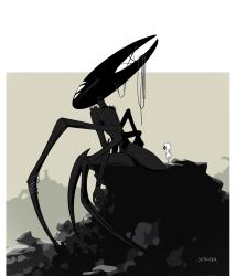  1girl arthropod_girl artist_name black_skin colored_skin empty_eyes extra_eyes full_body giant giantess highres hollow_knight hollow_knight:_silksong horned_mask hornet_(hollow_knight) horns lace_(hollow_knight) mask nude sitritea white_eyes 