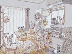  1girl aipom apron baguette berry black_hair bottle bread cabinet closed_eyes coat_rack counter curtains dish_rack eating eokaku_surimi faucet food full_body galarian_meowth hashtag-only_commentary highres indoors kitchen kitchen_hood long_sleeves minccino pancake pancake_stack paper_towel pastry_bag pikachu pokemon refrigerator rowlet sharp_teeth sink slice_of_life slippers smile standing stove striped_apron striped_clothes sylveon teeth vertical-striped_apron vertical-striped_clothes water_bottle wooden_floor 