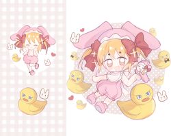  >_< 2girls ^_^ animal_ear_headwear animal_ears back_bow bare_arms bare_shoulders bib blonde_hair blush_stickers boots bow brown_eyes chibi chinese_commentary closed_eyes closed_mouth commentary_request dear_baby fake_animal_ears floppy_ears grey_background guardian_chara hair_between_eyes hair_bow hands_on_own_cheeks hands_on_own_face happy hat heart highres holding_chibi large_bow magical_girl multiple_girls multiple_views onesie open_mouth pepe_(shugo_chara!) pink_boots pink_hat pink_romper plaid_background quqi_xiao_shuang rabbit_ears red_bow romper rubber_duck short_hair short_twintails shugo_chara! sidelocks sleeveless smile sparkle tareme twintails two-tone_background white_background white_bow yuiki_yaya 