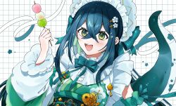  1girl :d absurdres bare_shoulders black_corset blush bonnet breasts collar colored_inner_hair commentary corset crossed_bangs dango detached_sleeves fangs fish floral_print floral_print_kimono flower-shaped_pupils flower_hairpin food frilled_bonnet frilled_collar frills green_eyes green_hair green_kimono green_ribbon green_tail grid_background hair_ornament hair_ribbon hairclip hand_up highres holding holding_food japanese_clothes kimono lizard_tail long_hair long_sleeves looking_at_viewer multicolored_hair neck_ribbon nijisanji obiage obijime print_kimono ribbon sakana2434 sanshoku_dango small_breasts smile solo sparkle symbol-only_commentary symbol-shaped_pupils tail tail_raised togawa_nonoha upper_body virtual_youtuber wagashi white_background white_bonnet white_sleeves 