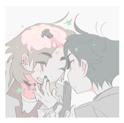  2boys black_choker black_hair black_nails blonde_hair brain bullet choker closed_eyes collarbone_piercing ear_piercing face_piercing green_eyes gun holding holding_gun holding_weapon jacket lip_piercing male_focus mk1liaoqian mole mole_under_mouth multiple_boys nail_polish o-ring o-ring_choker open_mouth original pale_color piercing shirt short_hair smile surreal symbolism weapon x-ray 