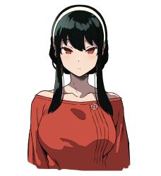  1girl absurdres batta_16-sei black_hair breasts closed_mouth collarbone commentary_request cropped_torso hairband highres large_breasts looking_at_viewer off-shoulder_sweater off_shoulder red_eyes red_sweater simple_background solo spy_x_family straight-on sweater white_background white_hairband yor_briar 