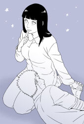  1boy 1girl bandaged_arm bandages blunt_bangs commentary_request facial_mark finger_to_mouth greyscale hal_(sakurajam) hyuuga_hinata lap_pillow looking_at_viewer monochrome naruto:_the_last naruto_(series) seiza shushing sitting sleeping star_(symbol) uzumaki_naruto whisker_markings 