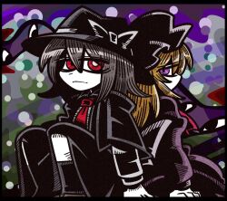  ascot back-to-back black_capelet black_hair black_hat black_skirt black_socks blonde_hair bow capelet disembodied_eye dress gap_(touhou) hair_between_eyes hand_on_ground hand_rest hat hat_bow long_dress looking_at_another maribel_hearn medium_hair mob_cap necktie pink_ascot polka_dot purple_dress red_eyes shirt sitting skirt sleeve_cuffs socks suenari_(peace) touhou usami_renko violet_eyes white_bow white_hat white_shirt 