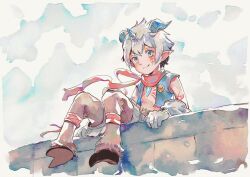  1boy absurdres aegiomon animal_legs black_vest body_markings brown_fur chest_jewel digimon digimon_(creature) digimon_story:_time_stranger facial_mark goat_boy grey_hair highres hooves horns kdoodlecat pointy_ears red_scarf scarf sitting solo vest 