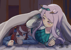 2girls absurdres animal_ears blanket blue_eyes blue_pajamas blush border bow box closed_mouth double-parted_bangs ear_bow ear_ornament food food_in_mouth green_bow green_pajamas hair_between_eyes highres holding holding_box horse_ears horse_girl jtleeklm long_hair long_sleeves mejiro_mcqueen_(umamusume) multicolored_hair multiple_girls pajamas pocky pocky_day pocky_in_mouth purple_hair smile streaked_hair tokai_teio_(umamusume) umamusume under_covers violet_eyes white_hair yuri 