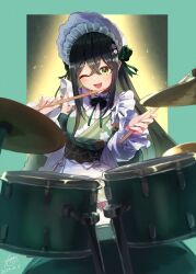  1girl ;d absurdres apron bare_shoulders black_corset blurry blurry_foreground blush bonnet border collar colored_inner_hair corset cowboy_shot crossed_bangs dated detached_sleeves drum drum_set drumsticks fish floral_print floral_print_kimono flower-shaped_pupils flower_hairpin frilled_bonnet frilled_collar frills green_border green_eyes green_hair green_kimono green_ribbon hair_ribbon highres holding holding_drumsticks instrument japanese_clothes juunishi_aya kimono long_hair long_sleeves looking_at_viewer maid_apron multicolored_hair neck_ribbon nijisanji obiage obijime one_eye_closed outside_border print_kimono ribbon signature smile solo symbol-shaped_pupils togawa_nonoha virtual_youtuber waist_apron white_bonnet white_ribbon white_sleeves 