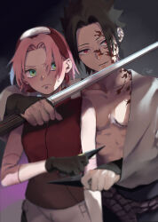  1boy 1girl at_knifepoint black_gloves black_hair commentary_request expressionless facial_mark forehead_protector frown gloves green_eyes hair_over_one_eye hairband haruno_sakura highres holding holding_kunai holding_sword holding_weapon japanese_clothes konohagakure_symbol kunai miwokirihana naruto_(series) naruto_shippuuden penis pink_hair red_eyes red_hairband red_vest sharingan signature sweatdrop sword uchiha_sasuke vest weapon 