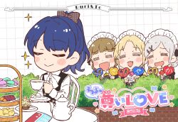  4girls :d =_= black_vest blonde_hair blush bow bowtie brown_hair bush ceras_yanagida_lilienfeld chair closed_mouth collared_shirt commentary cup cupcake double_bun drooling fang food food_request gingham_bow grey_hair grid_background hair_bow hair_bun hair_ornament hand_fan holding holding_cup holding_fan ichigo_123_(love_live!) kachimachi_kosuzu link!_like!_love_live! long_hair long_sleeves love_live! macaron maid maid_headdress medium_hair mouth_drool multiple_girls murano_sayaka official_alternate_costume official_artist_extra on_chair osawa_rurino outdoors paper_fan ponytail ruri&amp;to_(love_live!) sakuma_yoru shirt sitting smile sparkle split_mouth teapot tiered_tray uchiwa vest virtual_youtuber white_bow white_bowtie white_shirt x_hair_ornament 