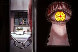  1boy 1girl blonde_hair building chainsaw_man chair denji_(chainsaw_man) doeun_o_o door eye_focus highres keyhole looking_at_viewer makima_(chainsaw_man) red_hair ringed_eyes window yellow_eyes 