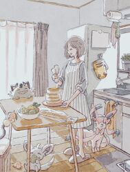  1girl aipom apron baguette berry black_hair bottle bread cabinet closed_eyes counter curtains dish_rack eating eokaku_surimi faucet food full_body galarian_meowth hashtag-only_commentary highres indoors kitchen kitchen_hood long_sleeves minccino pancake pancake_stack paper_towel pastry_bag pikachu pokemon pokemon_(creature) refrigerator sharp_teeth sink slice_of_life slippers smile standing stove striped_apron striped_clothes sylveon teeth vertical-striped_apron vertical-striped_clothes water_bottle wooden_floor 