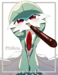  1girl artist_name blush bob_cut border collarbone colored_skin commentary_request flat_chest food foreshortening gardevoir green_hair green_skin grey_border happy head_tilt incoming_food leaning_forward looking_at_viewer mouth_hold multicolored_skin open_mouth outside_border own_hands_together pocky pokemon pokemon_(creature) red_eyes short_hair signature simple_background smile solo straight-on tsukkon twitter_username two-tone_skin v_arms white_background white_skin 