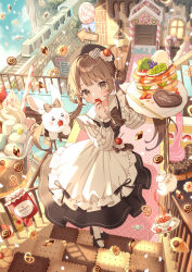  1girl :o absurdres amai_melo apron arrow_(symbol) black_dress black_hat black_shoes blunt_bangs blush bow bowtie brown_bow brown_bowtie brown_eyes brown_hair cake candy checkerboard_cookie cherry_hair_ornament chocolate_cornet collared_shirt commentary_request cookie cream cup doughnut dress drinking_straw food food-themed_hair_ornament fruit full_body hair_ornament hair_rings hat highres holding holding_food holding_fruit holding_plate jar knife lollipop long_hair long_sleeves maid marshmallow mary_janes medium_dress open_mouth original plate rabbit saucer shirt shoes socks solo standing star_(symbol) strawberry striped_sleeves sweets_house swirl_lollipop tea teacup teapot twintails waist_apron white_apron white_shirt white_socks wrapped_candy 