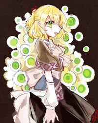  1girl arm_warmers back_bow belt blonde_hair bow brown_background brown_shirt brown_skirt danmaku from_side green_eyes grey_belt grey_bow grey_scarf hair_between_eyes highres looking_at_viewer mizuhashi_parsee one-hour_drawing_challenge open_mouth pointy_ears ponytail scarf shirt short_hair short_ponytail short_sleeves skirt smile solo standing t-shirt tama_(hiroshige_36) tongue touhou white_background white_bow yellow_background 