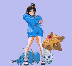  1girl absurdres black_hair blue_hoodie clauncher commentary_request eyelashes focal_(kcreed11) grey_background grey_eyes hair_ornament highres holding holding_poke_ball hood hood_down hoodie leggings lida_(pokemon) long_hair long_sleeves poke_ball pokemon pokemon_(creature) pokemon_legends:_z-a ribbed_socks shoes simple_background socks standing staryu tassel topknot vanillite white_shoes white_socks zipper zipper_pull_tab 