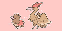  beak bird brown_feathers chaobu chibi evolutionary_line fearow feathers highres no_humans pink_background pokemon pokemon_(creature) simple_background sparkle spearow 