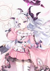  1girl ahoge alternate_costume apron asymmetrical_legwear bare_shoulders blue_archive bow bow_legwear clothes_lift collarbone demon_girl demon_horns demon_wings dress dress_lift forehead frilled_apron frilled_dress frills gear_background guzangnanfeng hair_bow hair_ornament head_tilt heart heart_hair_ornament highres hina_(blue_archive) horns long_hair long_sleeves looking_at_viewer mismatched_legwear parted_bangs parted_lips pink_dress rabbit_hair_ornament sidelocks simple_background solo spade_hair_ornament striped_clothes striped_thighhighs thigh-highs violet_eyes wavy_hair white_apron white_background white_hair white_thighhighs wings 