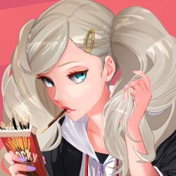  1girl adjusting_hair black_jacket blonde_hair blue_eyes blysill closed_mouth earrings food food_in_mouth hair_ornament hairclip highres hood hoodie jacket jewelry looking_at_viewer nail_polish persona persona_5 pocky pocky_day pocky_in_mouth purple_nails red_background red_lips solo stud_earrings takamaki_anne twintails upper_body white_hoodie zipper_pull_tab 