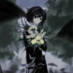  1other alternate_costume androgynous bird black_coat black_eyes black_hair bouquet chinese_commentary closed_mouth clouds cloudy_sky coat collared_shirt commentary_request cowboy_shot day dot_nose english_commentary expressionless flower hair_between_eyes highres holding holding_bouquet len&#039;en light_frown long_sleeves looking_at_viewer mixed-language_commentary other_focus outdoors rose shirt shitodo_kuroji short_hair sky solo standing tree white_flower white_rose white_shirt yancao_(pixiv_103434280) yellow_flower 