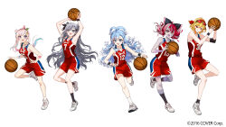  5girls :d airani_iofifteen ball basketball basketball_(object) basketball_jersey basketball_uniform blonde_hair blue_eyes blue_hair bow bow_hairband braid braided_bangs breasts closed_mouth colored_skin colored_tips colored_tongue commentary cone_hair_bun copyright_notice diamond-shaped_pupils diamond_(shape) double-parted_bangs double_bun english_commentary eyewear_on_head full_body gradient_eyes gradient_hair green_eyes grey_hair grey_skin hair_bow hair_bun hair_ribbon hairband heterochromia highres holding holding_ball hololive hololive_indonesia kaela_kovalskia kobo_kanaeru kureiji_ollie long_hair medium_breasts medium_hair mismatched_pupils multicolored_eyes multicolored_hair multiple_girls official_art open_mouth palette_hair_ornament patchwork_skin pink_hair purple_tongue red-tinted_eyewear red_bow red_eyes red_hair red_shorts ribbon sakon04 shoes shorts side_ponytail side_up_bun simple_background smile sneakers socks sportswear stitched_arm stitched_face stitched_leg stitches sunglasses sweatband symbol-shaped_pupils tinted_eyewear two-tone_hair two_side_up very_long_hair vestia_zeta violet_eyes virtual_youtuber wavy_hair white_background white_hair white_shoes white_socks x-shaped_pupils yellow_eyes zombie 