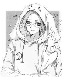  1boy :3 alternate_costume animal_hood aotsuki_eito autism05774 commentary drawstring emoji glasses greyscale hand_up highres hood hood_up hoodie looking_at_viewer male_focus monochrome outside_border short_hair simple_background smile solo symbol-only_commentary the_hundred_line_-last_defense_academy- 