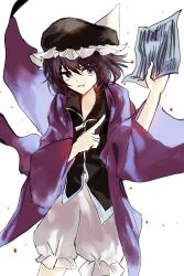  1other absurdres androgynous black_hat black_shirt chinese_commentary coattails collared_shirt commentary_request cowboy_shot detached_hood english_commentary floating_clothes floating_hair frilled_headwear frilled_shorts frills hair_between_eyes hat highres holding holding_paper hood hood_down hooded_jacket jacket legs_apart len&#039;en long_sleeves looking_at_viewer mixed-language_commentary mob_cap open_clothes open_jacket open_mouth other_focus paper petals pointing puffy_shorts purple_hair purple_jacket shirt shitodo_kuroji short_hair shorts simple_background smirk smug solo standing triangular_headpiece violet_eyes white_background white_shorts wide_sleeves yancao_(pixiv_103434280) zipper 