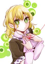  1girl blonde_hair bright_pupils closed_mouth commentary_request expressionless fingernails green_eyes green_nails grey_shirt hands_on_own_chest highres looking_at_viewer mizuhashi_parsee pointy_ears shirt short_hair short_sleeves solo string string_of_fate tama_(hiroshige_36) touhou upper_body white_background white_pupils 