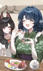  2girls :d absurdres animal_ear_fluff animal_ears black_hair blue_hair blurry blurry_background bowl brooch chopsticks closed_eyes clothes_hanger dress drill_hair fins fish_(food) food fruit green_kimono head_fins highres holding holding_chopsticks holding_saucer holding_with_chopsticks imaizumi_kagerou japanese_clothes jewelry kimono lemon long_hair medium_hair multiple_girls obi open_mouth plate purple_sash red_eyes rice sash sashimi saucer smile tadano1129 teeth touhou upper_teeth_only wakasagihime white_dress wolf_ears wolf_girl 