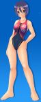  blue_eyes blue_hair competition_swimsuit feet highres ishii_akira legs one-piece_swimsuit orizuka_momoko short_hair swimsuit umisho 