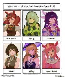  6+girls agnes_digital_(lovely_jiangshi)_(umamusume) agnes_digital_(umamusume) anby_demara angel_wings animal_ears antenna_hair artist_name ascot bare_shoulders black_choker black_dress black_hair black_hat black_sleeves black_vest blue_eyes blue_ribbon blunt_bangs border bow bowtie braid breasts brown_eyes brown_hair bun_cover buttons character_name chest_bow chinese_clothes choker closed_eyes closed_mouth clothing_cutout collared_shirt colored_inner_hair columbina_(genshin_impact) company_connection crossover detached_sleeves double_bun dress english_text eye_mask eyeshadow feathered_wings female_rover_(wuthering_waves) flower frills genshin_impact gradient_hair green_bow green_bowtie green_eyes green_jacket grey_eyes grey_hair hair_between_eyes hair_bow hair_bun hair_ornament hair_ribbon hairclip hand_up hands_up hashtag-only_commentary hat hat_flower hat_ornament head_wings headphones herta_(honkai:_star_rail) highres honkai:_star_rail honkai_(series) horse_ears horse_girl jacket jewelry juliet_sleeves key key_necklace keyhole long_hair long_sleeves looking_afar looking_at_viewer looking_up makeup mask medium_breasts mihoyo multicolored_hair multiple_drawing_challenge multiple_girls multiple_wings neck_ribbon necklace nice_nature_(poinsettia_ribbon)_(umamusume) nice_nature_(umamusume) off-shoulder_dress off_shoulder official_alternate_costume ofuda ofuda_on_clothes open_mouth outside_border pink_dress pink_hair puffy_sleeves purple_bow purple_flower purple_hair red_bow red_eyeshadow red_hat ribbon rover_(wuthering_waves) selvha shirt short_hair shoulder_cutout sidelocks single_braid six_fanarts_challenge sleeveless sleeveless_dress smile strapless strapless_dress streaked_hair striped_bow striped_bowtie striped_clothes teeth the_herta_(honkai:_star_rail) twin_braids twintails two-tone_hair umamusume upper_body vest white_ascot white_border white_mask white_shirt wide_sleeves wings witch_hat wuthering_waves x_hair_ornament yellow_ribbon zenless_zone_zero 