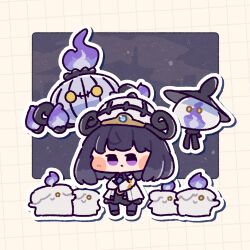  1girl ameya_(kappadoll) black_dress black_hair blush_stickers chandelure chibi chibi_only closed_mouth coat dress evolutionary_line full_body gwynn_(pokemon) hat lampent litwick long_sleeves looking_at_viewer open_clothes open_coat pokemon pokemon_(creature) pokemon_legends:_z-a short_hair violet_eyes white_coat 