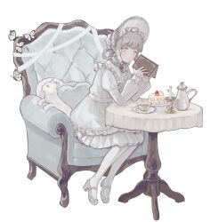  1girl absurdres accurate_lolita_coord armchair bib_collar bonnet book braid braided_hair_rings brooch bug butterfly cake cake_slice candle candlestand cat chair chinstrap closed_mouth commentary cup dress food frilled_bonnet frilled_dress frilled_shirt_collar frills from_side full_body grey_eyes grey_hair hair_rings hands_up high_heels highres holding holding_book jewelry juliet_sleeves lolita_fashion long_sleeves looking_at_viewer looking_to_the_side mary_janes medium_hair n4adoe necklace on_chair original pantyhose pearl_necklace plate puffy_sleeves saucer shoes sidelocks signature simple_background sitting solo strawberry_shortcake sugar_cube swept_bangs table tablecloth tea teacup teapot twitter_username white_background white_bonnet white_cat white_pantyhose white_shoes 