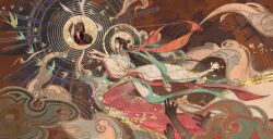  2boys age_difference aged_down aqua_shawl barefoot bird black_hair bracelet bug butterfly child chinese_clothes chinese_commentary clouds colored_smoke disembodied_hand falling falling_petals floating_clothes floating_hair flower from_side gold_trim grey_pants hagoromo hair_bun hair_ornament halo hanfu highres hua_cheng hua_cheng_(young) huashengdoufu implied_yaoi jewelry jumping long_hair long_sleeves looking_at_another multiple_boys official_alternate_costume ornate_clothes pants petals profile reaching reaching_towards_another red_hanfu red_shawl sash seal_impression shawl short_hair single_hair_bun smoke sun tianguan_cifu two-tone_hanfu white_hanfu wide_sleeves xiao_guan_(headdress) xie_lian xie_lian_(flower_crowned_martial_god) zhongguo_hua 