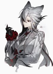  1girl :&lt; absurdres animal_ears arlecchino_(genshin_impact) black_eyes black_hair chinese_commentary coat commentary_request earrings fingernails frilled_sleeves frills genshin_impact hair_over_one_eye hand_up high_collar highres jewelry kemonomimi_mode long_fingernails long_hair long_sleeves looking_ahead multicolored_hair red_pupils ring sanseling simple_background solo streaked_hair symbol-shaped_pupils two-tone_hair upper_body white_background white_coat white_hair wolf_ears x-shaped_pupils 