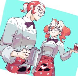  1boy 1girl :&gt; apron black_bow black_bowtie bow bowtie closed_eyes cowlick cup disposable_coffee_cup disposable_cup fldjfflrnt glasses gradient_hair grin griselle_(pokemon) grisham_(pokemon) hair_pulled_back holding holding_coffee_pot holding_tray multicolored_hair orange_apron orange_hair pokemon pokemon_legends:_z-a smile split_ponytail tray two-tone_hair upper_body waist_apron wavy_hair white-framed_eyewear white_hair 