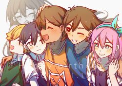  2025 2girls 4boys :d ;d ^_^ antenna_hair aqua_hairband arm_around_shoulder aubrey_(faraway)_(omori) aubrey_(omori) bailan1130 basil_(faraway)_(omori) basil_(omori) black_hair black_shirt black_sweater_vest blonde_hair blue_eyes blue_sweater blush bow_hairband breasts bright_pupils brother_and_sister brothers brown_eyes brown_hair chinese_commentary clenched_hand closed_eyes closed_mouth collarbone collared_shirt colored_skin commentary_request dark-skinned_male dark_skin dated double-parted_bangs green_sweater_vest grey_background grey_eyes grey_skin grin hair_behind_ear hair_between_eyes hairband hand_on_another&#039;s_head hand_on_own_chest hand_on_own_chin hand_on_own_shoulder hand_up happy_birthday hero_(faraway)_(omori) hero_(omori) highres jacket kel_(faraway)_(omori) kel_(omori) long_hair looking_ahead looking_at_another lower_teeth_only mari_(omori) mari_(spirit)_(omori) multiple_boys multiple_girls omori one_eye_closed open_clothes open_jacket open_mouth orange_tank_top pale_skin pink_hair profile sailor_collar shirt short_hair short_sleeves siblings sidelocks simple_background small_breasts smile spoilers straight_hair sunny_(omori) sweater sweater_vest tank_top teeth tongue upper_body upper_teeth_only v-shaped_eyebrows very_short_hair white_jacket white_pupils white_shirt yellow_sailor_collar 