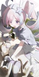  1girl absurdres achib blue_archive blush bottle cat commentary fang feeding food gloves hair_ornament highres holding holding_food long_hair multicolored_hair official_alternate_costume onigiri open_mouth pantyhose pink_hair puffy_short_sleeves puffy_sleeves reisa_(blue_archive) reisa_(magical)_(blue_archive) shirt short_sleeves sitting skin_fang skirt smile solo star_(symbol) star_hair_ornament streaked_hair striped_clothes striped_pantyhose twintails violet_eyes water_bottle white_gloves white_shirt white_skirt 