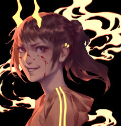  1girl black_background blood blood_on_face brown_eyes brown_hair brown_jacket choppy_bangs commentary ear_piercing english_commentary evil_smile from_side hood hood_down hooded_jacket horns jacket looking_at_viewer lydialing_draws nose original piercing realistic short_hair smile solo upper_body 