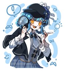  ! 1girl black_capelet black_hat blue_hair blue_necktie blue_skirt braid braided_hair_rings capelet collared_shirt commentary cowboy_shot deerstalker detective grey_vest hair_rings hands_up hat highres holding holding_magnifying_glass index_finger_raised kimburgertwo long_sleeves looking_at_viewer magnifying_glass mahou_shoujo_no_majo_saiban necktie open_mouth orange_eyes plaid_clothes plaid_skirt shirt short_hair skirt smile solo spoken_exclamation_mark symbol-only_commentary tachibana_sherry vest 