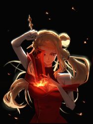 1girl arm_up bare_shoulders black_background blonde_hair braid braided_bangs breasts dress fire highres holding holding_sword holding_weapon human_scabbard large_breasts long_hair looking_at_viewer off-shoulder_dress off_shoulder poorot17tp priscilla_barielle re:zero_kara_hajimeru_isekai_seikatsu red_dress red_eyes smile solo sword upper_body weapon 