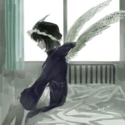  1other androgynous bare_legs bedroom bird_wings black_hair black_hat black_shirt buttons chinese_commentary closed_mouth coattails collared_shirt commentary_request curtains day detached_hood english_commentary expressionless feathered_wings feathers feet_out_of_frame frilled_headwear from_side hand_on_own_knee hat high_collar highres hood hood_down hooded_jacket indoors jacket len&#039;en light_frown long_sleeves looking_ahead mixed-language_commentary mob_cap on_bed other_focus pointy_nose puffy_shorts purple_jacket shirt shitodo_kuroji short_hair shorts sitting sky sleeves_past_wrists solo spread_wings triangular_headpiece violet_eyes white_shorts white_sky white_wings wide_sleeves window wings yancao_(pixiv_103434280) 