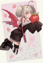  1girl :q ahoge ankle_boots bag bare_shoulders black_boots black_jacket black_skirt black_thighhighs blush boots collar colored_tips demon_wings dyed_ahoge fang flying food from_behind fruit full_body grey_hair hair_between_eyes handbag happy_birthday highres holding holding_food holding_fruit jacket looking_at_viewer looking_back makaino_ririmu makaino_ririmu_(2nd_costume) medium_hair miniskirt multicolored_hair nananamyara nijisanji off-shoulder_jacket off_shoulder platform_boots pointy_ears red_bag red_collar red_eyes red_streaks red_wings shoe_soles shoulder_bag sidelocks skirt sleeves_past_fingers sleeves_past_wrists solo strawberry strawberry_background streaked_hair striped_clothes striped_thighhighs thigh-highs tongue tongue_out twintails virtual_youtuber white_thighhighs wings 