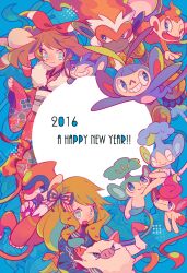  2016 2girls :3 alternate_costume ambipom antenna_hair auko blue_eyes blue_kimono bow brown_hair chimchar chinese_zodiac closed_eyes closed_mouth commentary_request dot_nose english_text eyelashes fangs fire flame-tipped_tail fur-trimmed_kimono fur_trim hair_bow hairband happy_new_year holding holding_pokemon infernape japanese_clothes kimono long_hair long_sleeves mankey may_(pokemon) medium_hair monferno monkey multiple_girls nostrils open_mouth outstretched_arms panpour pansage pansear pokemon pokemon_(creature) pokemon_oras pokemon_xy red_hairband red_kimono serena_(pokemon) smile spread_arms star_(symbol) striped_bow tail teeth v-shaped_eyes year_of_the_monkey 
