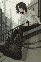 1girl absurdres black_boots black_hair black_pants boots bracelet chain-link_fence cityscape fence full_body highres jewelry kiilil9 leaning_forward looking_to_the_side medium_hair midriff_peek necklace original outdoors pants parted_lips shirt short_sleeves sitting solo white_shirt 