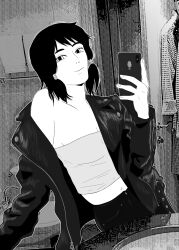  1girl bathroom belly black_hair cellphone chainsaw_man commentary crop_top english_commentary greyscale highres holding holding_phone jacket kurohana14 leather leather_jacket mifune_fumiko monochrome navel pants phone selfie smartphone twintails 