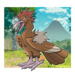  artist_name beak bird blurry blurry_background border brown_feathers cibguts clouds day depth_of_field fearow feathers full_body grass highres mountain no_humans open_mouth outdoors outside_border pokemon pokemon_(creature) solo tree white_border wings 