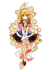  1girl black_shoes black_skirt blonde_hair bow bowtie brown_shirt commentary_request fingernails full_body green_eyes green_nails highres looking_at_viewer mizuhashi_parsee open_mouth pointy_ears sash shirt shoes short_hair short_sleeves skirt socks solo tama_(hiroshige_36) touhou white_background white_bow white_bowtie white_sash white_socks 