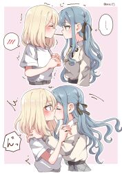  ... 2girls bang_dream! bang_dream!_it's_mygo!!!!! blonde_hair blue_hair blush commentary_request highres kiss long_sleeves medium_hair misumi_uika multiple_girls rousei shirt short_hair sidelocks spoken_blush spoken_ellipsis togawa_sakiko violet_eyes white_shirt yellow_eyes yuri 