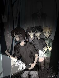  1girl 4boys alternate_costume artist_name aubrey_(faraway)_(omori) aubrey_(omori) basil_(faraway)_(omori) basil_(omori) black_eyes black_hair black_shirt black_suit blonde_hair blue_eyes blue_overalls blush bow brown_hair brown_pants collared_shirt colored_skin double-parted_bangs faceless faceless_male flashlight green_shirt grey_pants hair_between_eyes hair_bow hands_on_another's_arm holding holding_flashlight kel_(faraway)_(omori) kel_(omori) long_hair multiple_boys necktie omori open_mouth overalls pants paper pink_bow pink_shirt red_necktie shirt short_hair sketch slender_man smile suit sunny_(omori) t-shirt teeth tree umilini2 upper_teeth_only white_shirt white_skin 